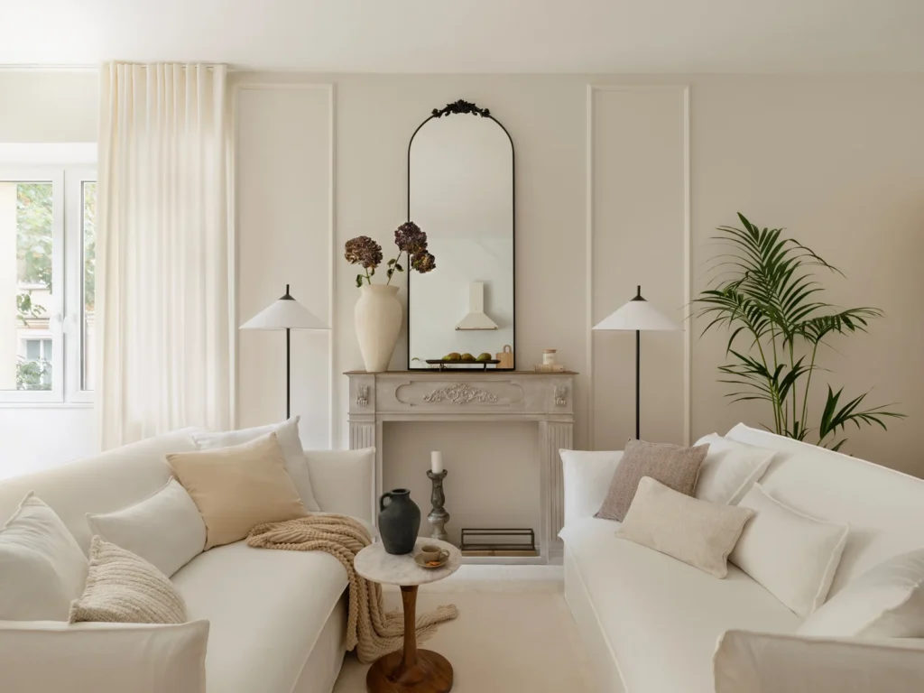 Elegant stue med lyse sofaer, bløde puder og klassisk pejs, perfekt fanget til præsentation af boliger til salg eller udlejning.