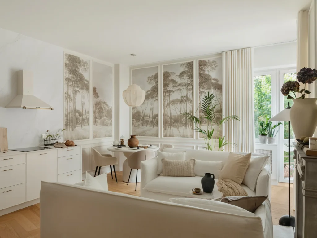 Stilrent køkken-alrum med lys indretning, detaljeret vægkunst og store vinduer, der skaber en harmonisk og indbydende atmosfære.