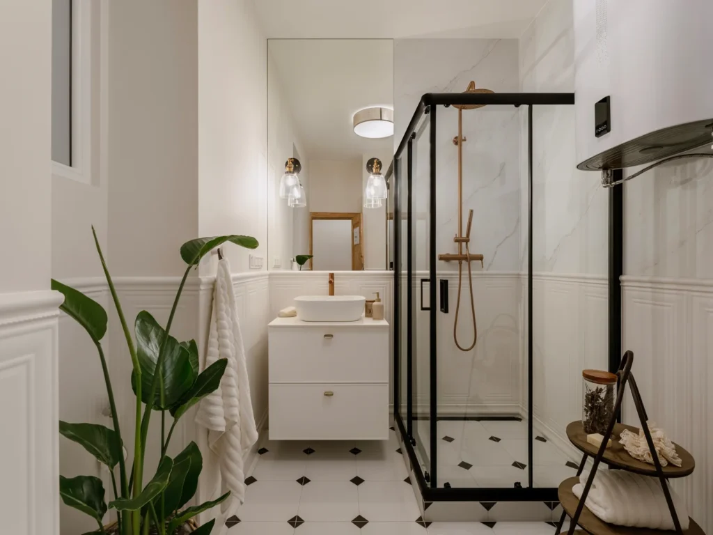 Lyst og moderne badeværelse med minimalistisk design og elegante detaljer.