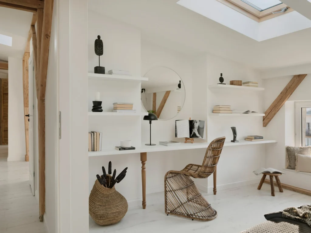 Moderne hjemmekontor med naturlige elementer og lysindfald.