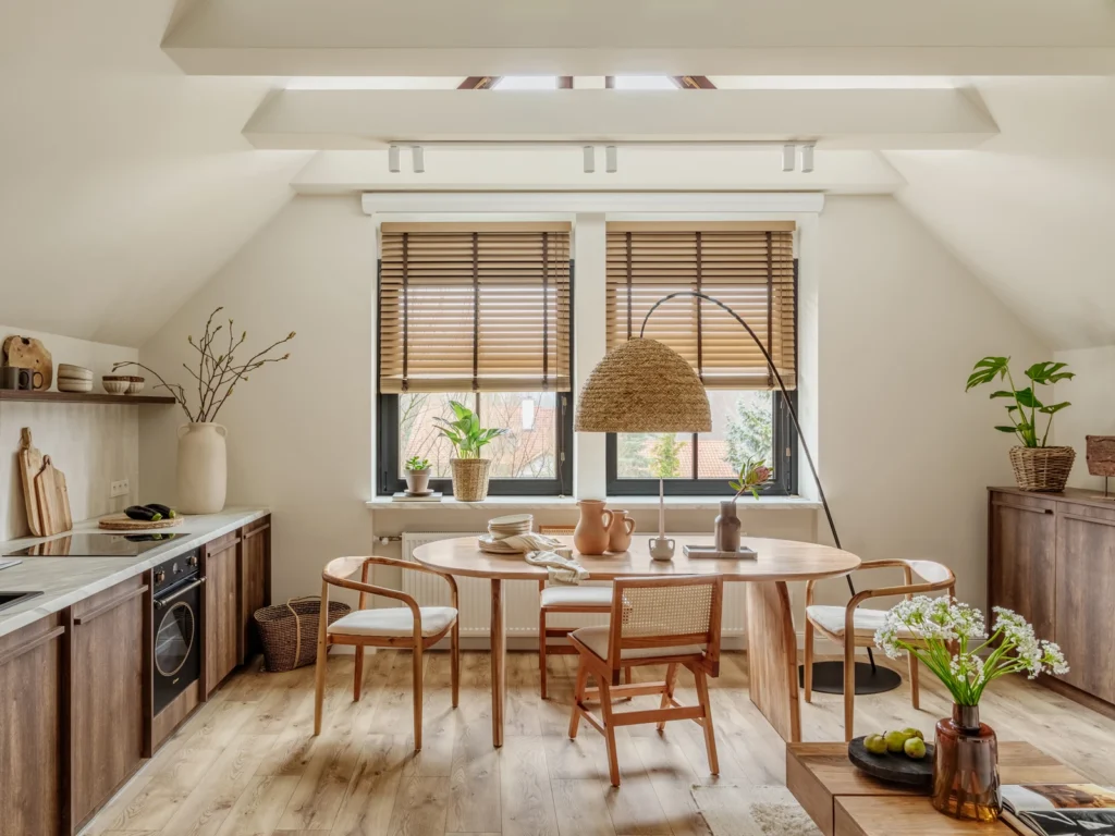 Skandinavisk køkken med naturligt lys og varme træelementer.