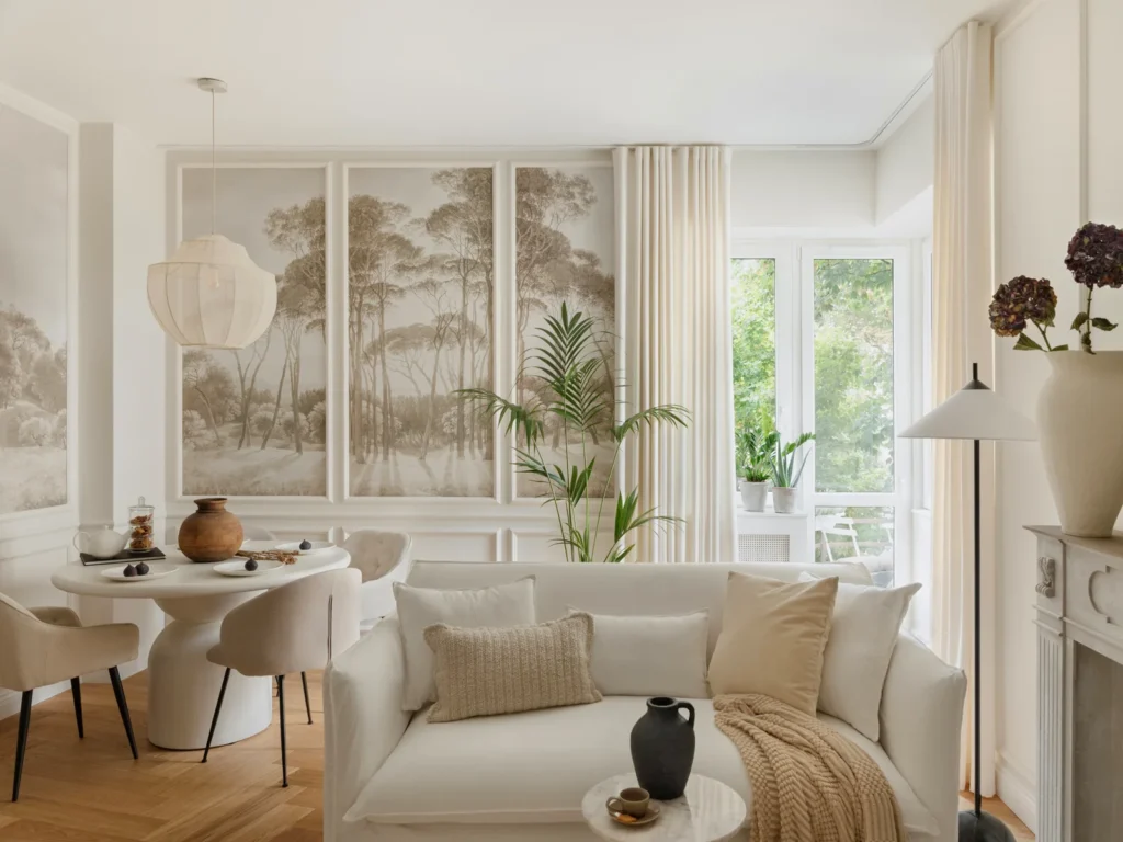 Moderne spisestue med elegant vægkunst og lyse vinduer, der skaber en varm og indbydende stemning.