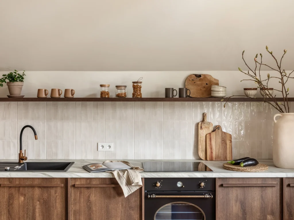 Nærbillede af et stilfuldt skandinavisk køkken med trædetaljer og minimalistisk design.