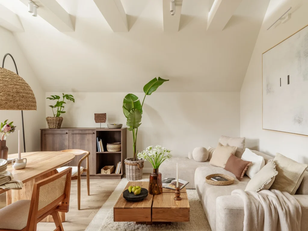 Lys og hyggelig stue med naturlige materialer, træmøbler og grønne planter, fremhævet af professionel boligfotografering.