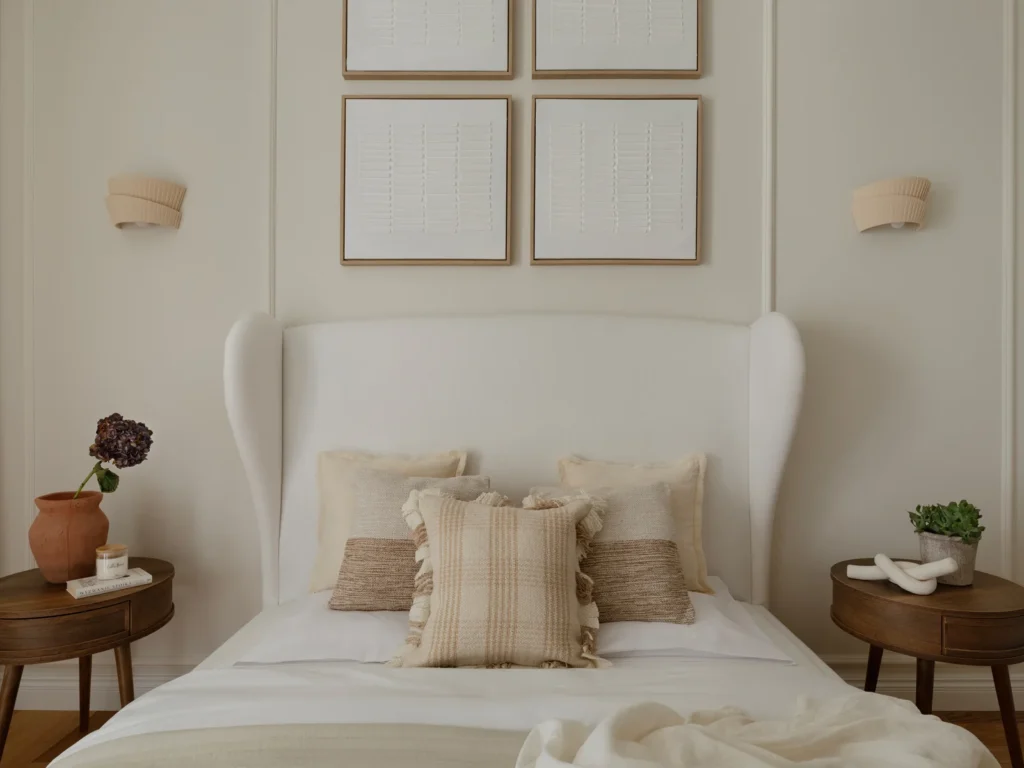 Elegant og minimalistisk soveværelse med lyse nuancer og dekorative detaljer.