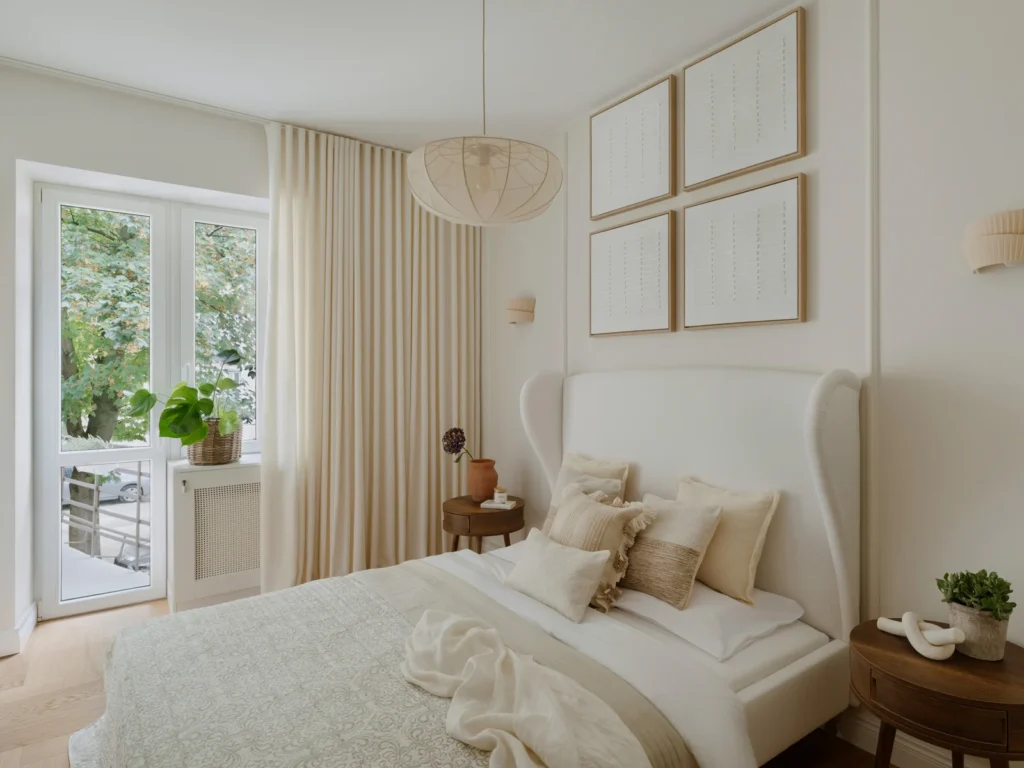 Moderne og lyst soveværelse med smukke detaljer og udsigt til naturen gennem store vinduer.